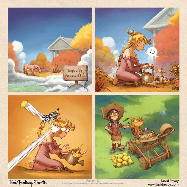 A comic comic in four panels: Panel 1: A landscape view of a temple floating above the clouds. The landscape is colored with golden and purple hues, which are unusual for the land of mortals. In the foreground, a sign reads, “Temple of the Goddess of Life.” Panel 2: The Goddess of Life kneels in her garden, watering it while whistling. She is happy and enjoying her peaceful daily routine. Panel 3: Suddenly, the Goddess of Life is violently punched in the face by a flying lemon coming from below the clouds. Panel 4: A top-down view of a catapult with lemons. Pepper, a young witch, and her cat, Carrot, are in command. They bump fists in a “Check!” sound while watching the sky with fierce eyes.